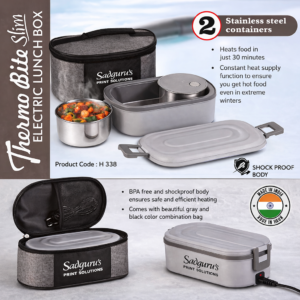 ThermoBite Slim Electric Lunch Box with Steel Containers & Carry Bag