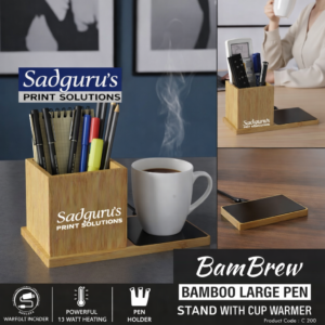 Bambrew Bamboo Large Pen Stand with Cup Warmer – Smart Eco Desk Edition